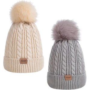 Kids Winter Beanie Children's Warm Fleece Lined Knit Thick Ski Cap with Pom